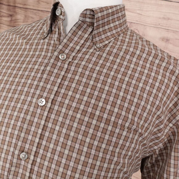 VAN HEUSEN NO WRINKLE BROWN CHECK BUTTON DOWN SHIRT MENS SIZE L 16-16.5 - Picture 2 of 6